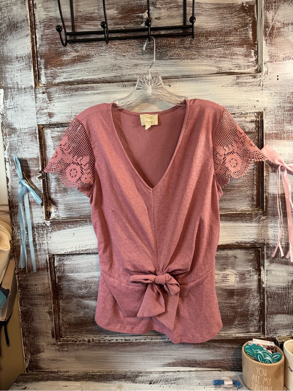 Lace Sleeve Tie-Front Blouse in Dusty Rose